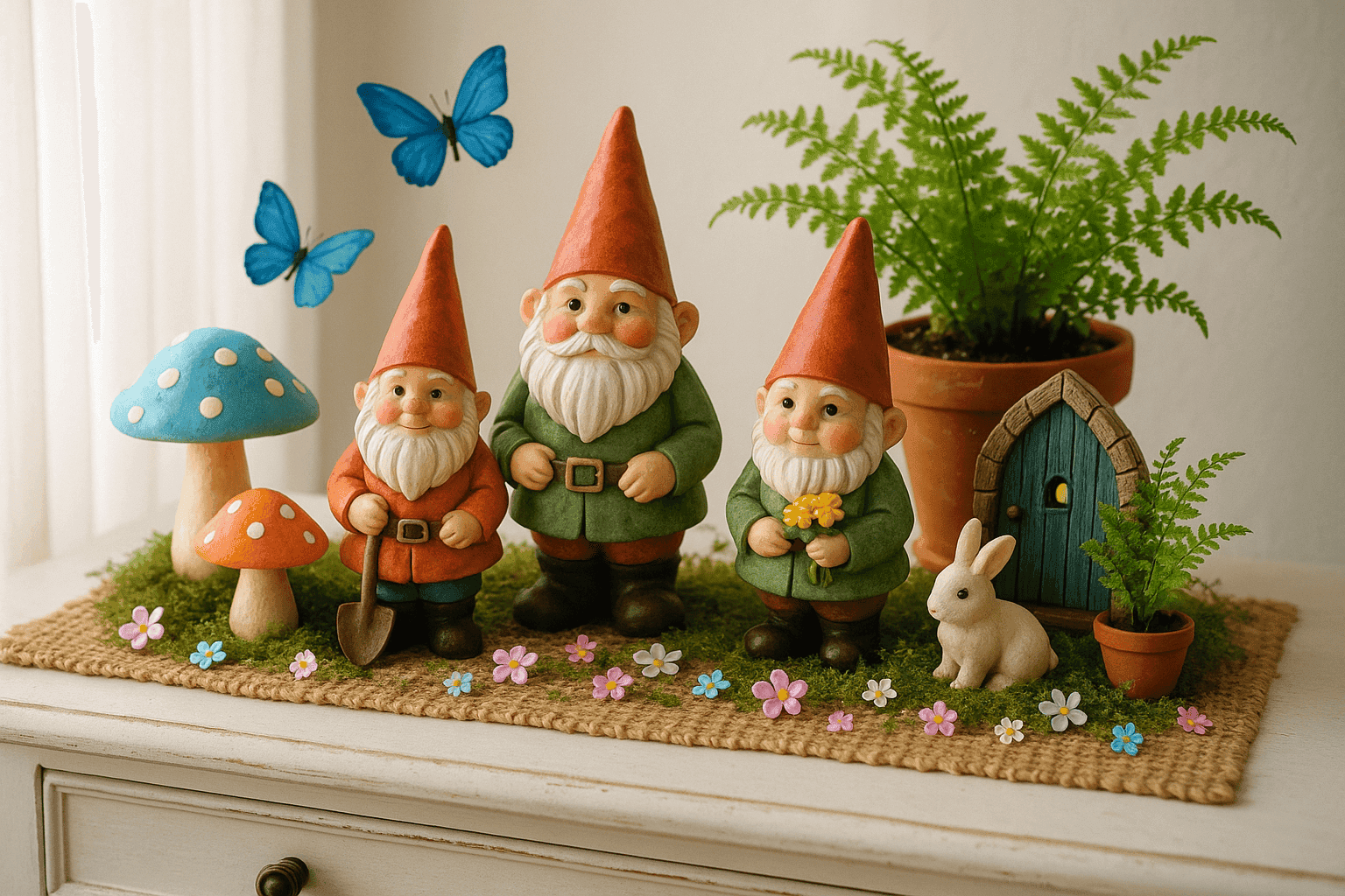Whimsical spring decor vignette with garden gnomes and mushrooms