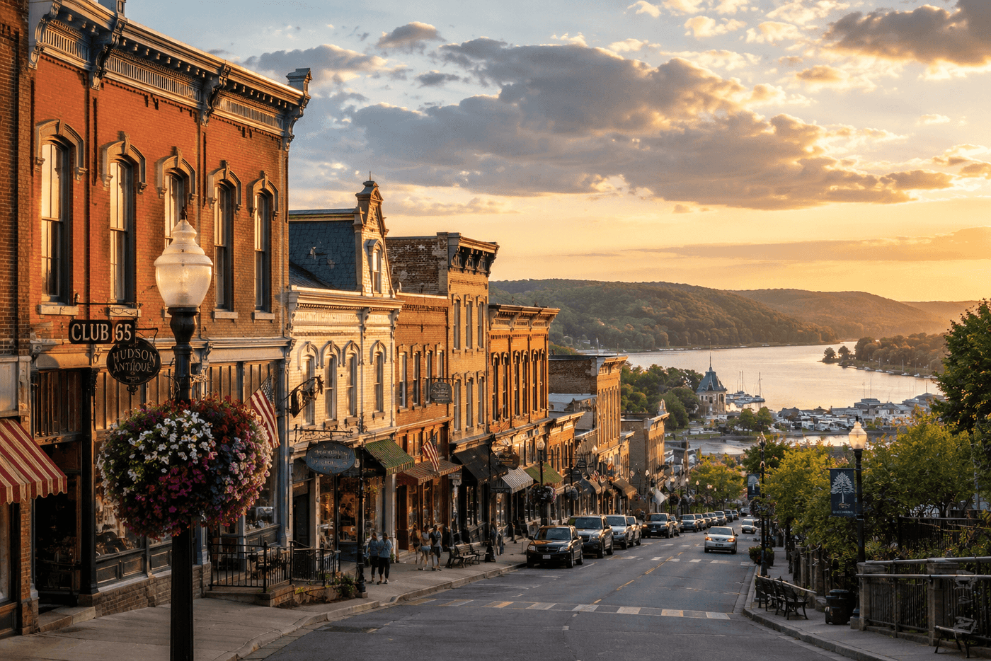 The historic downtown of Hudson, Wisconsin, on the St. Croix River, with Victorian commercial buildings and the river visible from the bluff.