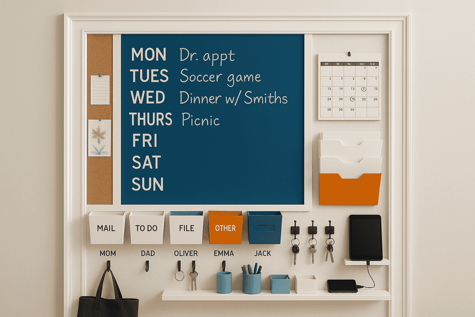 Organized family message center with calendar, mail slots, and chalkboard