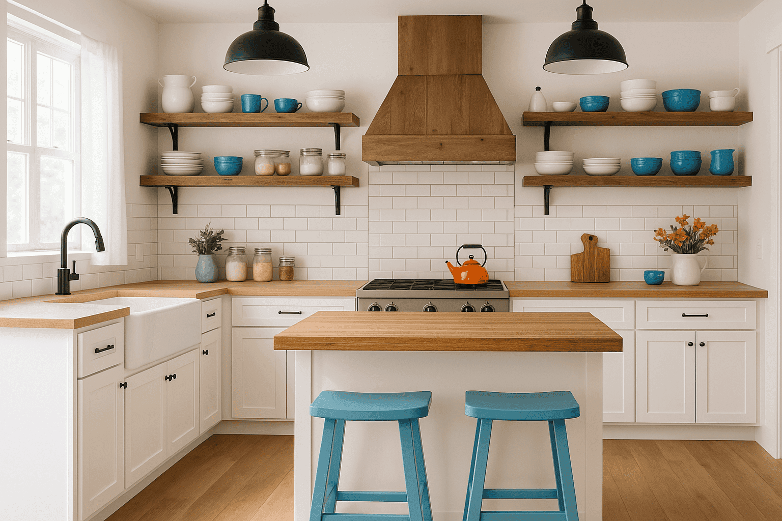 Modern farmhouse kitchen with open shelving and rustic accents