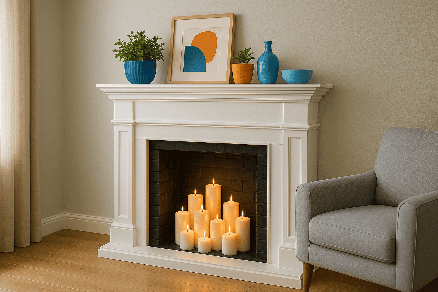 Beautiful white faux fireplace with decorative candles and plants in a living room