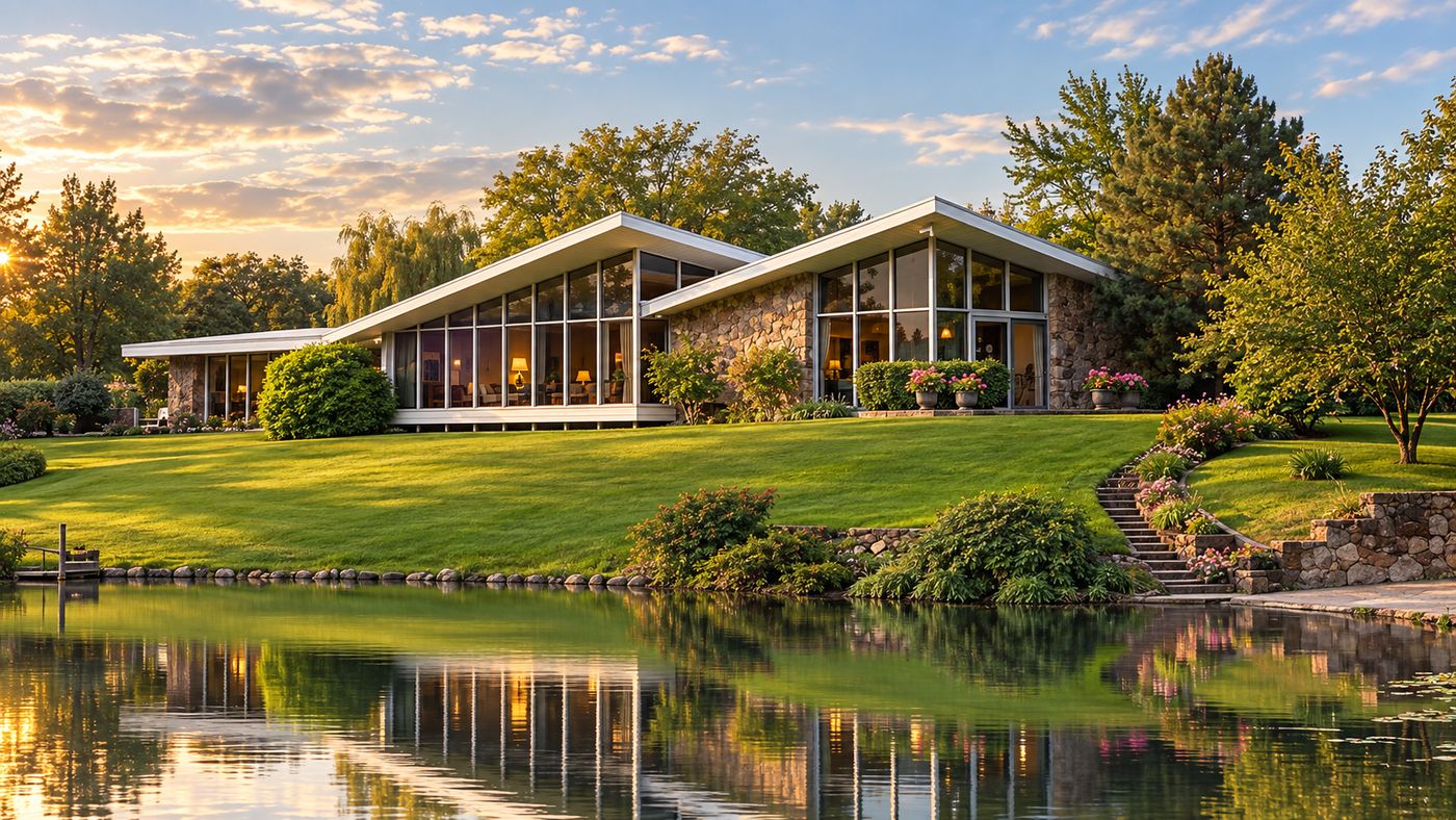 Mid-century modern estate with floor-to-ceiling windows overlooking a spring-fed pond in Reno, Nevada