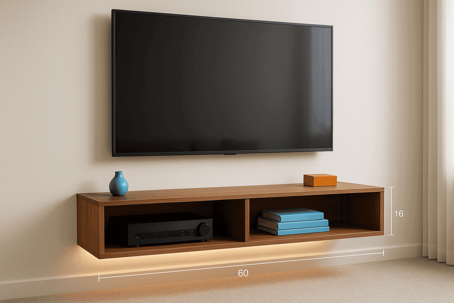 Modern living room with custom floating wooden console mounted beneath TV