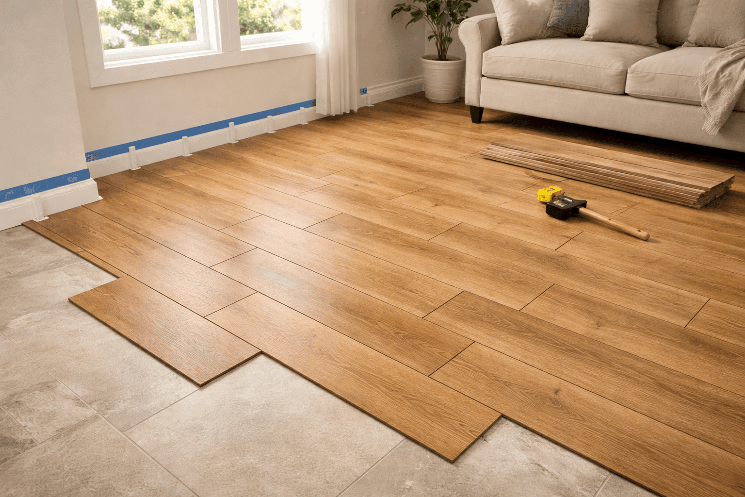 Warm oak luxury vinyl plank flooring being installed with click-lock planks and spacers along the wall