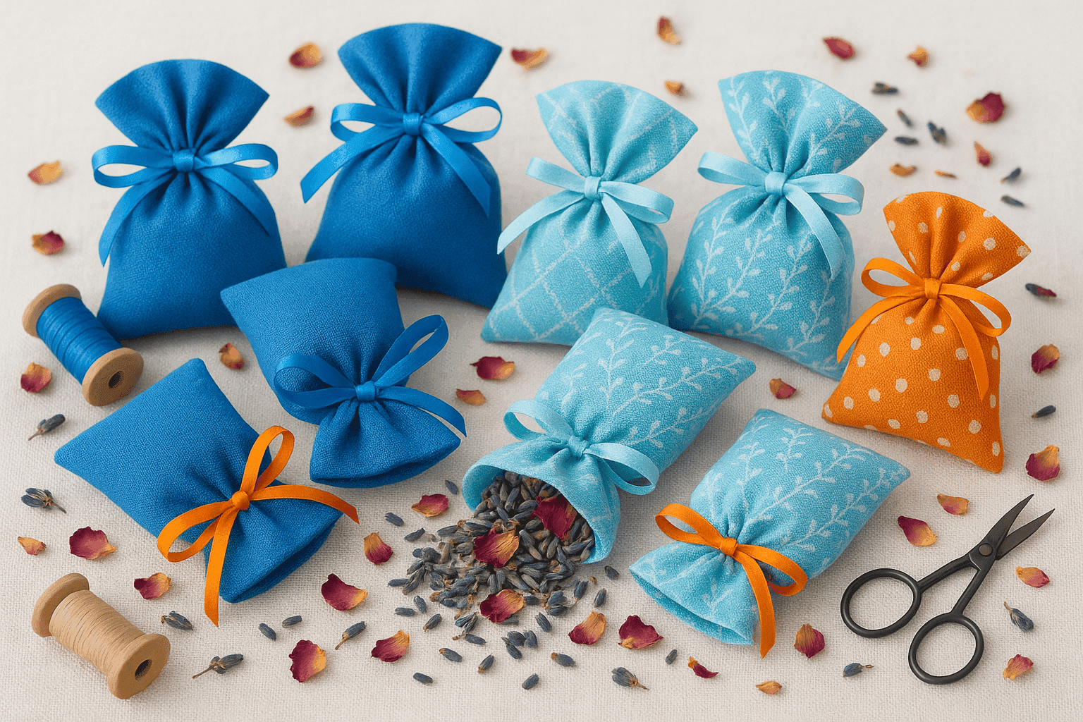 Handmade fabric sachets with dried lavender and rose petals