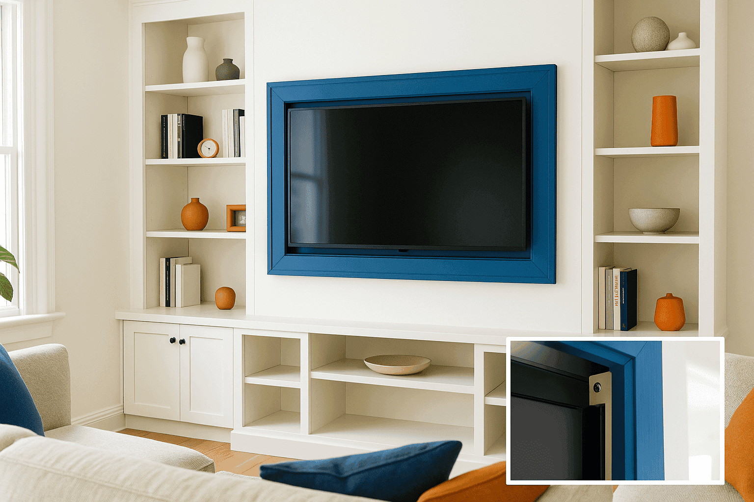 Living room with TV surrounded by decorative frame and built-in shelving