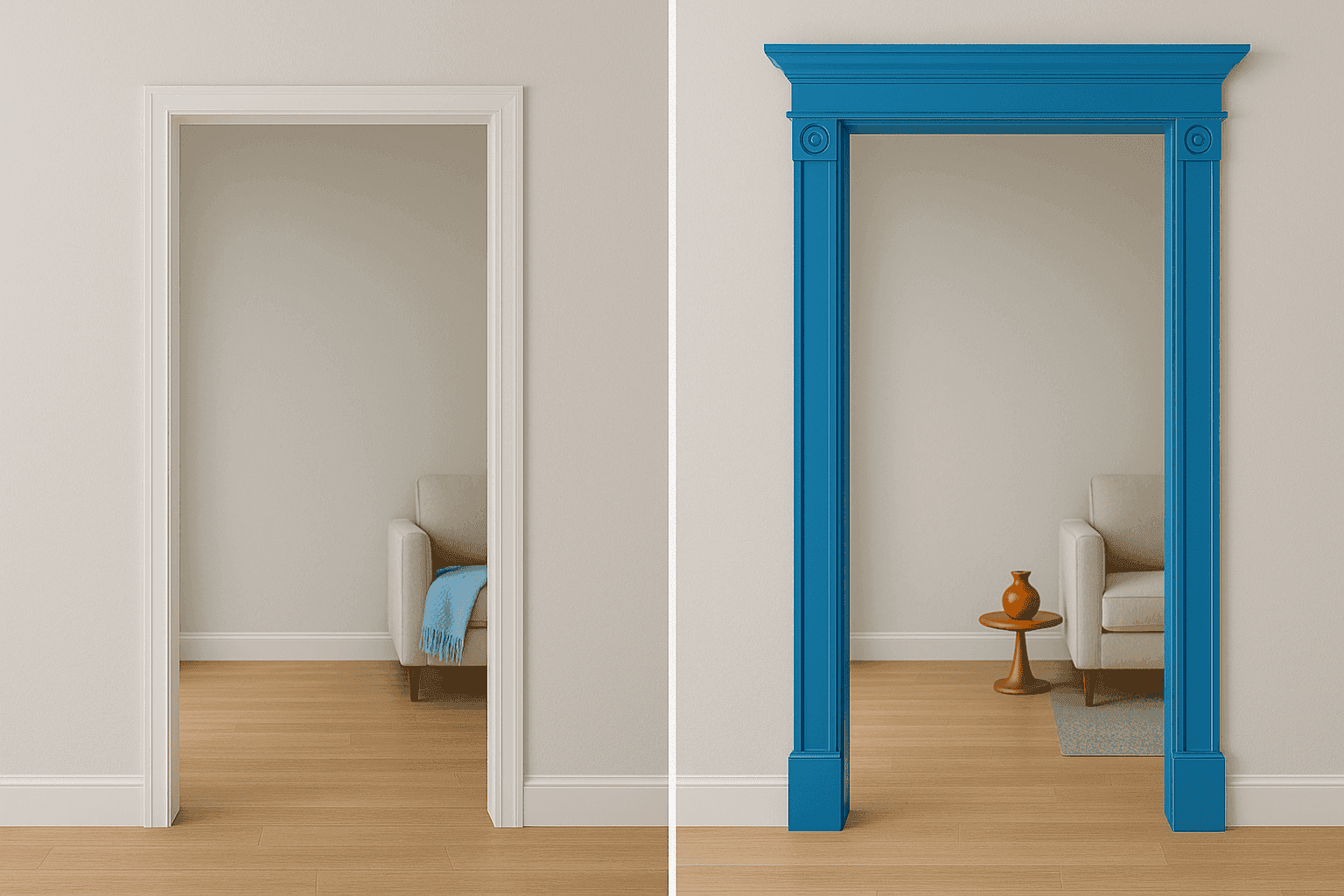 Before and after of a doorway transformed with decorative molding and trim