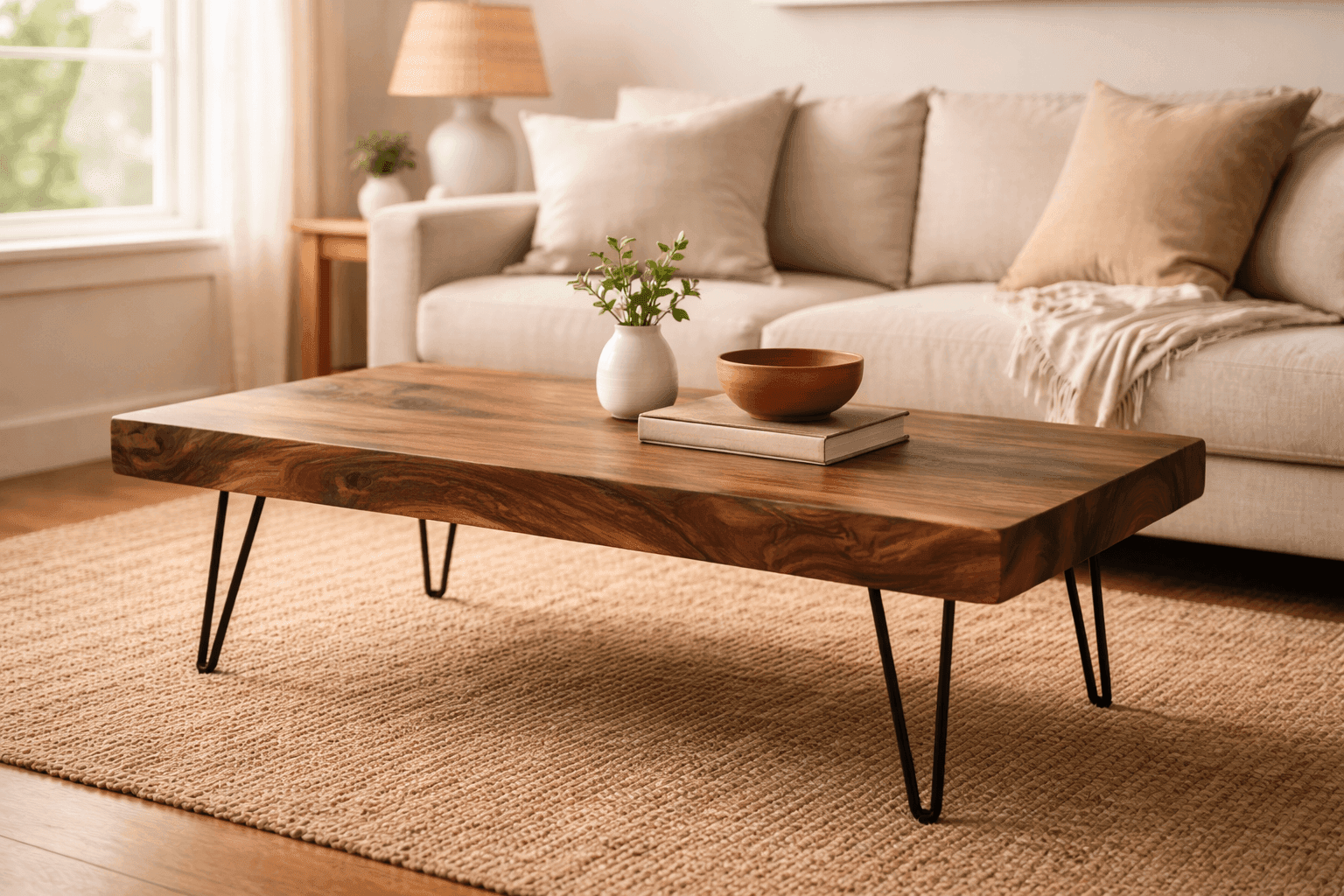 DIY natural wood coffee table with hairpin legs on a modern living room floor