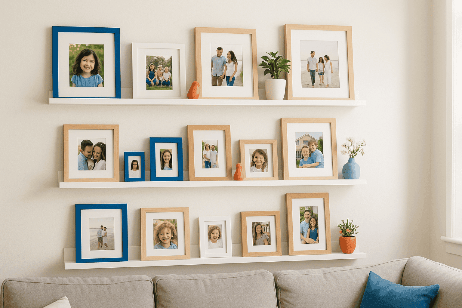 Styled gallery ledge with framed photos and decorative items