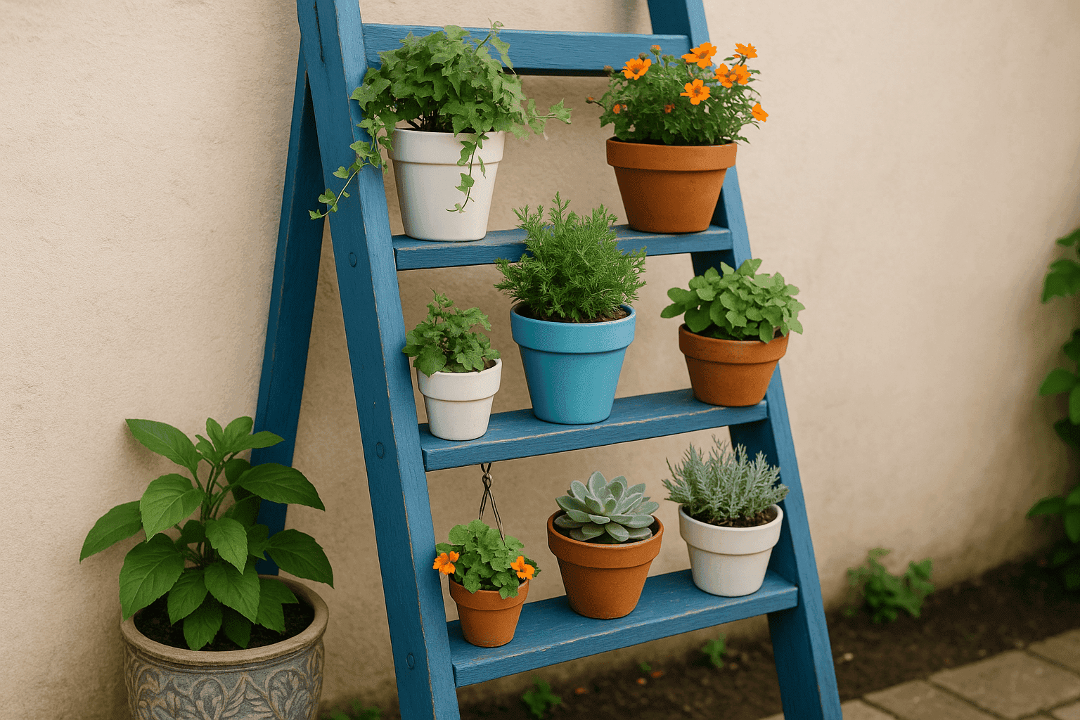 Repurposed ladder with beautiful potted plants