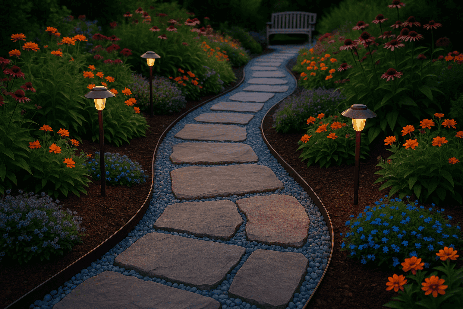Beautiful garden pathway with solar lights and flowers