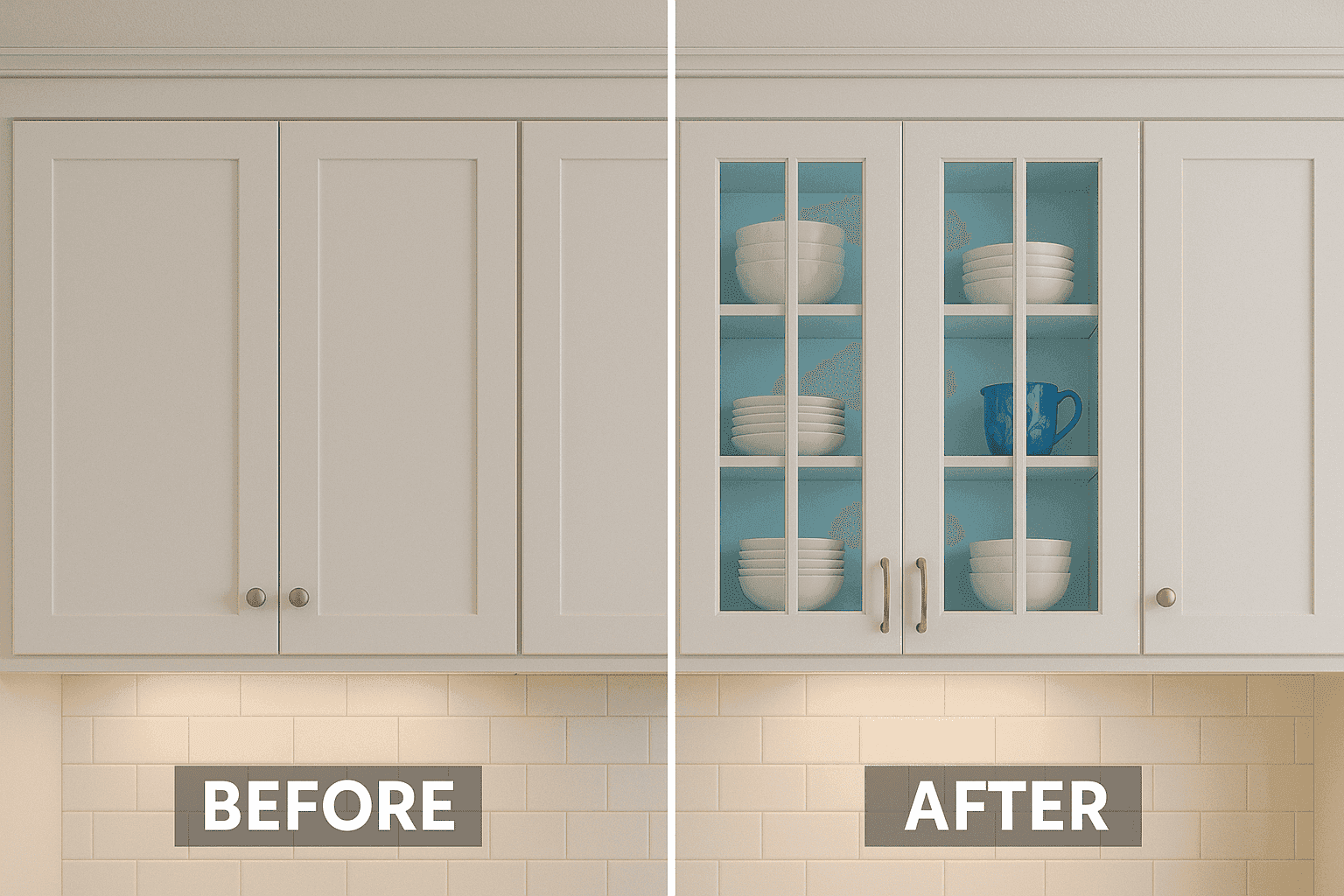 Before and after of kitchen with newly installed glass cabinet doors