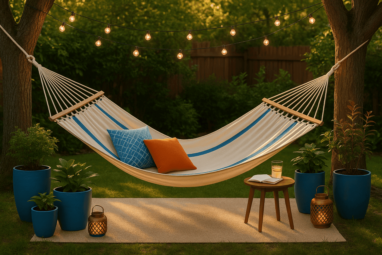 Cozy hammock corner with string lights and plants