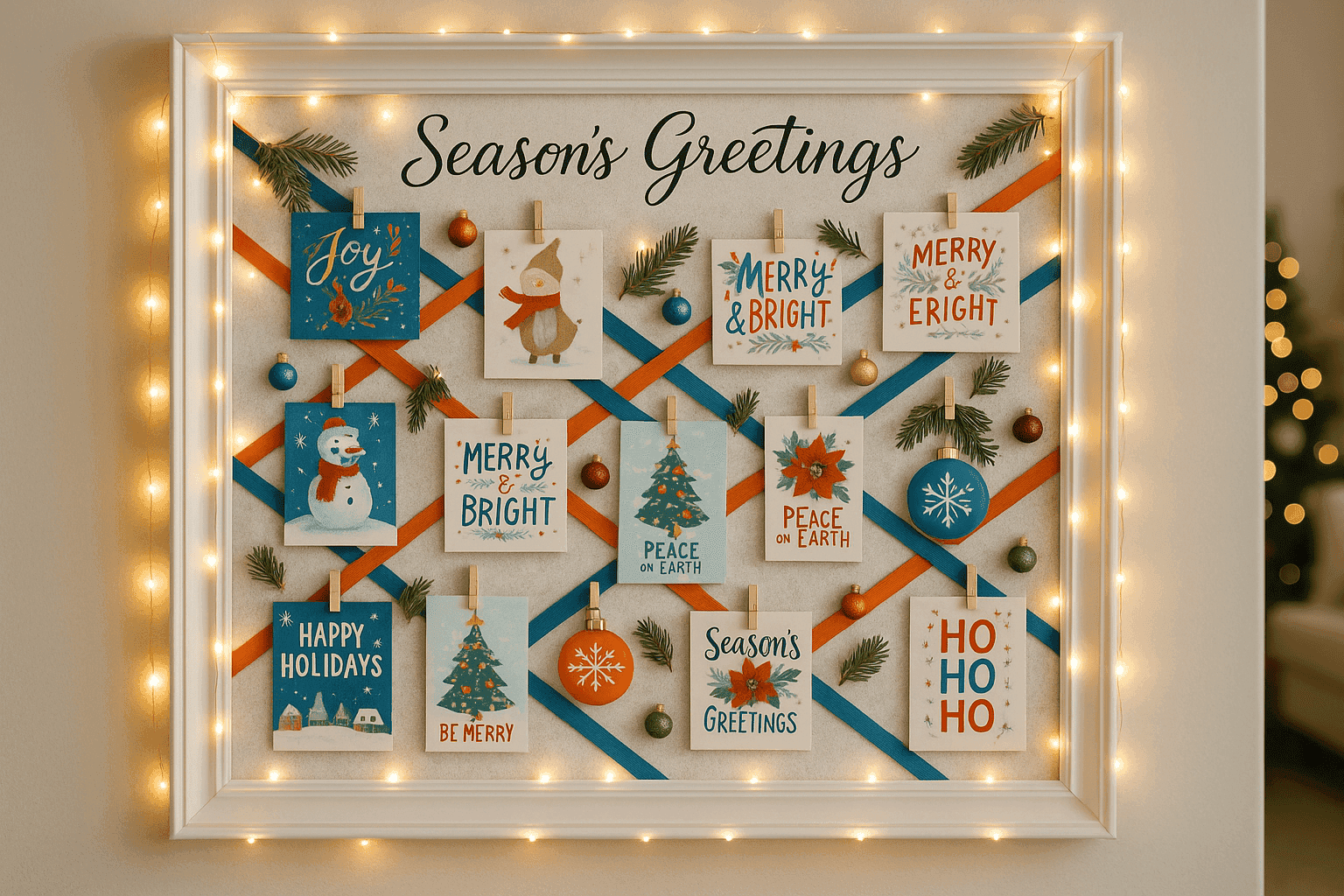 Creative holiday card display using string lights and clothespins on a decorative board