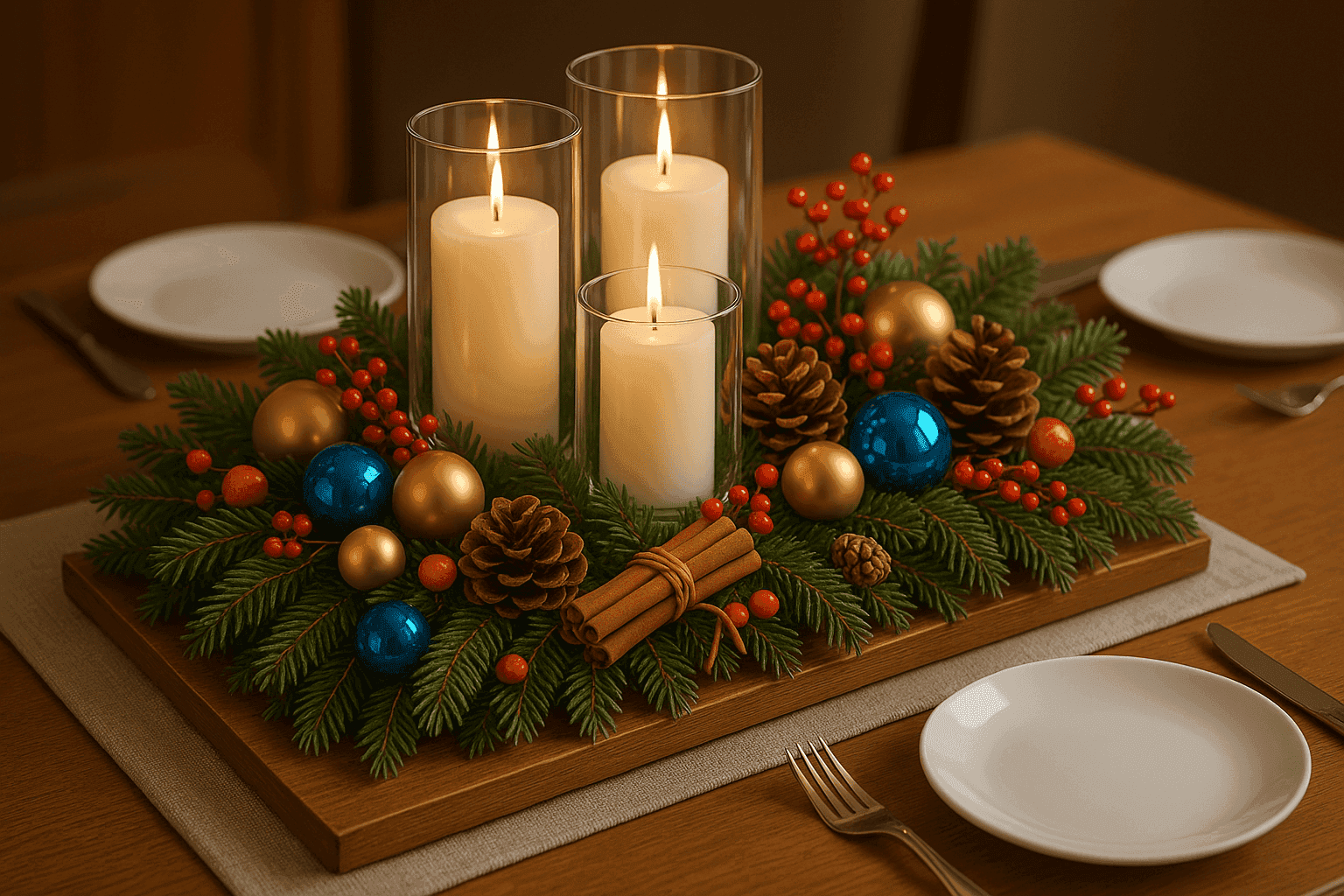 Elegant holiday centerpiece with candles, greenery, and ornaments