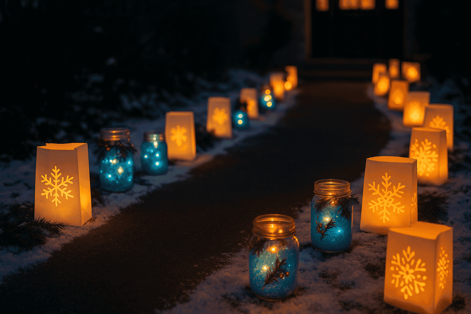 Beautiful paper bag and jar luminaries creating a magical pathway