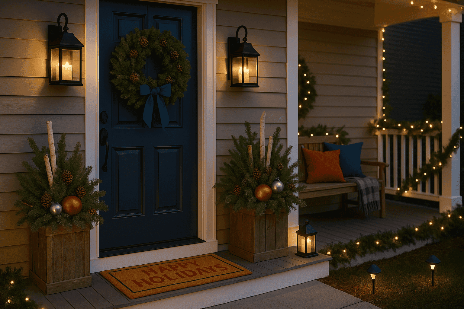 Beautifully decorated holiday porch with greenery, lanterns, and festive elements