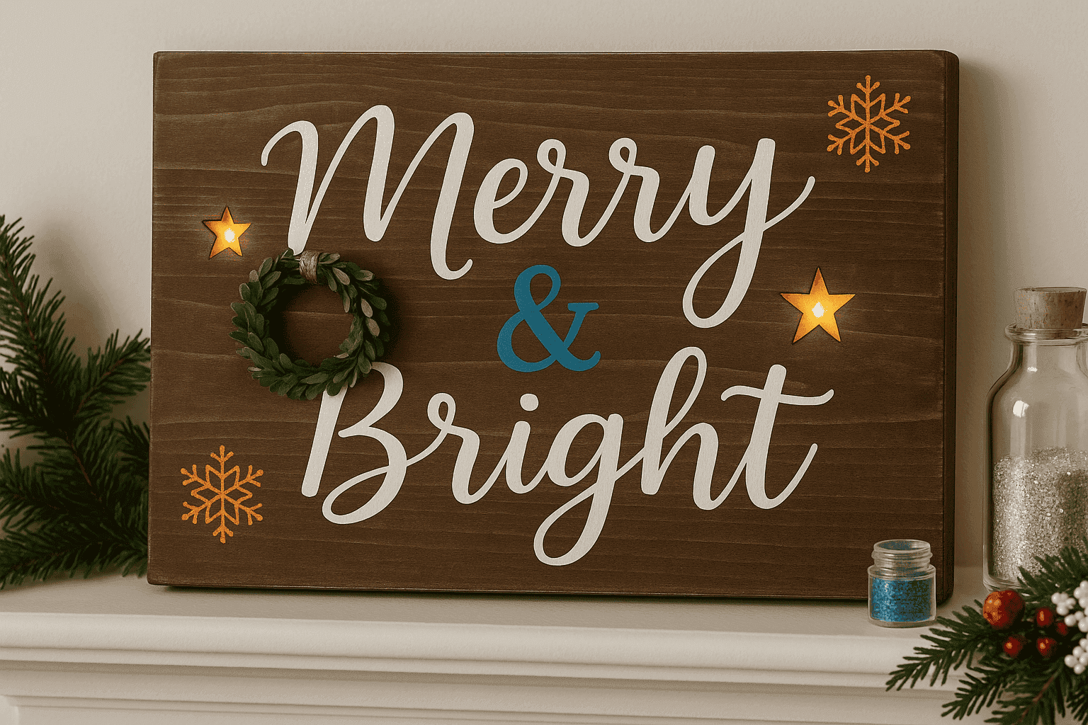 Beautiful handmade wooden holiday sign with festive lettering
