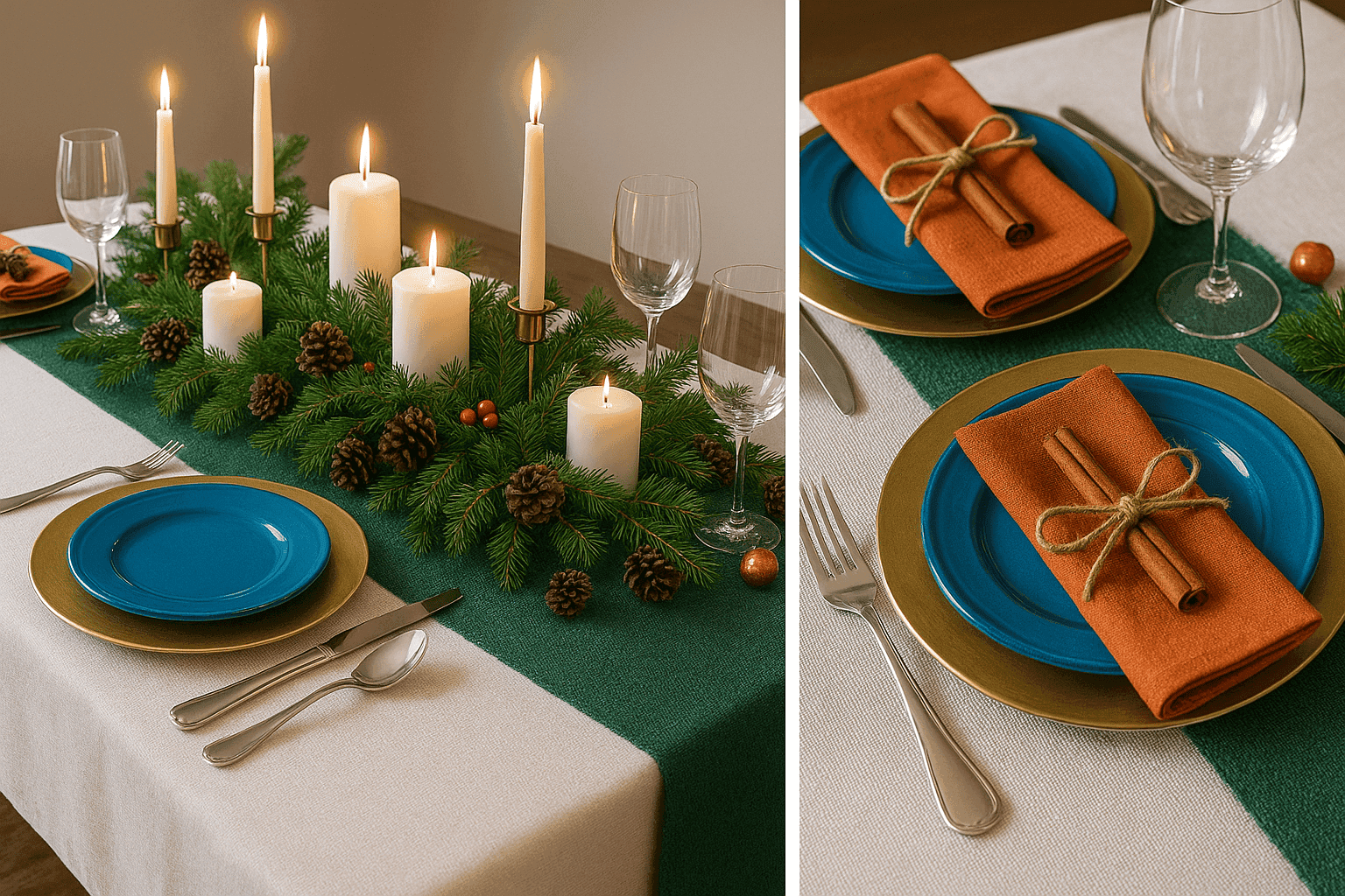 Beautifully styled holiday table setting with natural elements and festive decorations