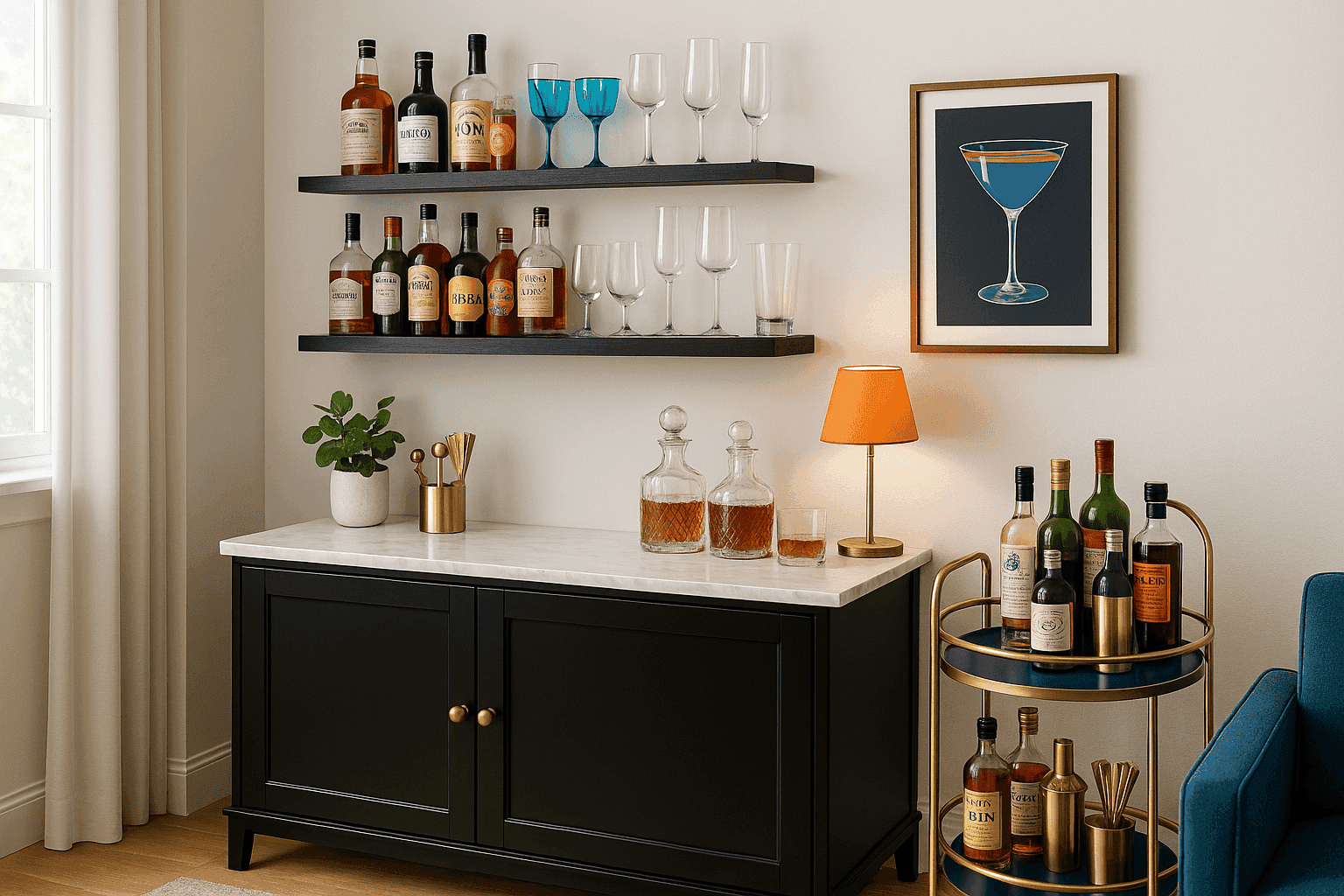 Stylish home bar setup with glassware, spirits, and decorative elements