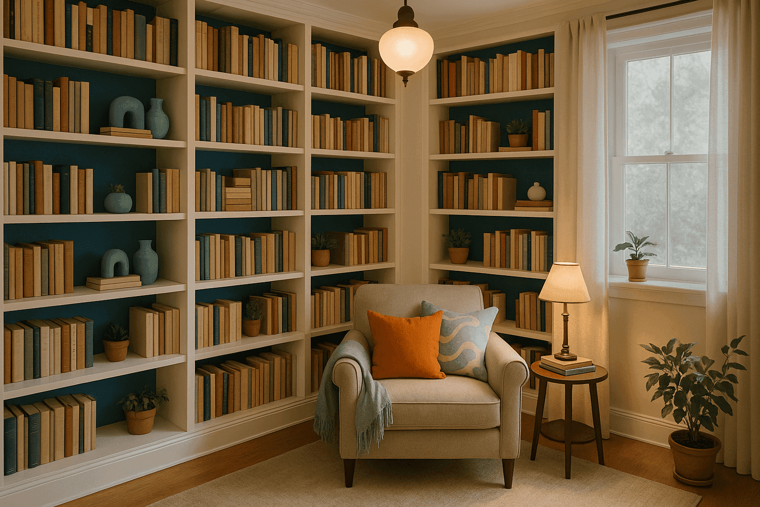 Cozy home library with built-in shelving and comfortable reading nook