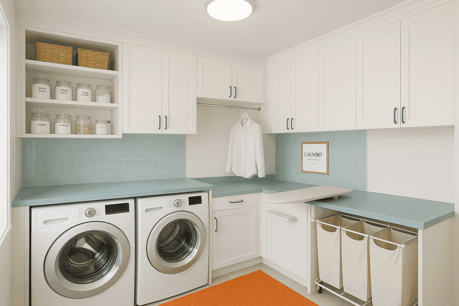 Bright laundry room with efficient storage, folding station, and decorative elements