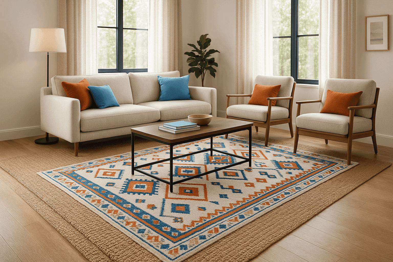 Living room with beautifully layered rugs - a patterned rug overlapping a larger neutral base rug