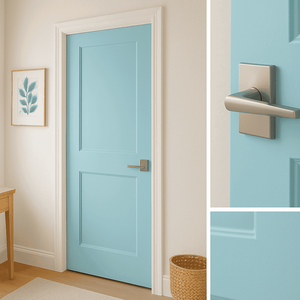Bright hallway featuring a beautifully painted pastel interior door