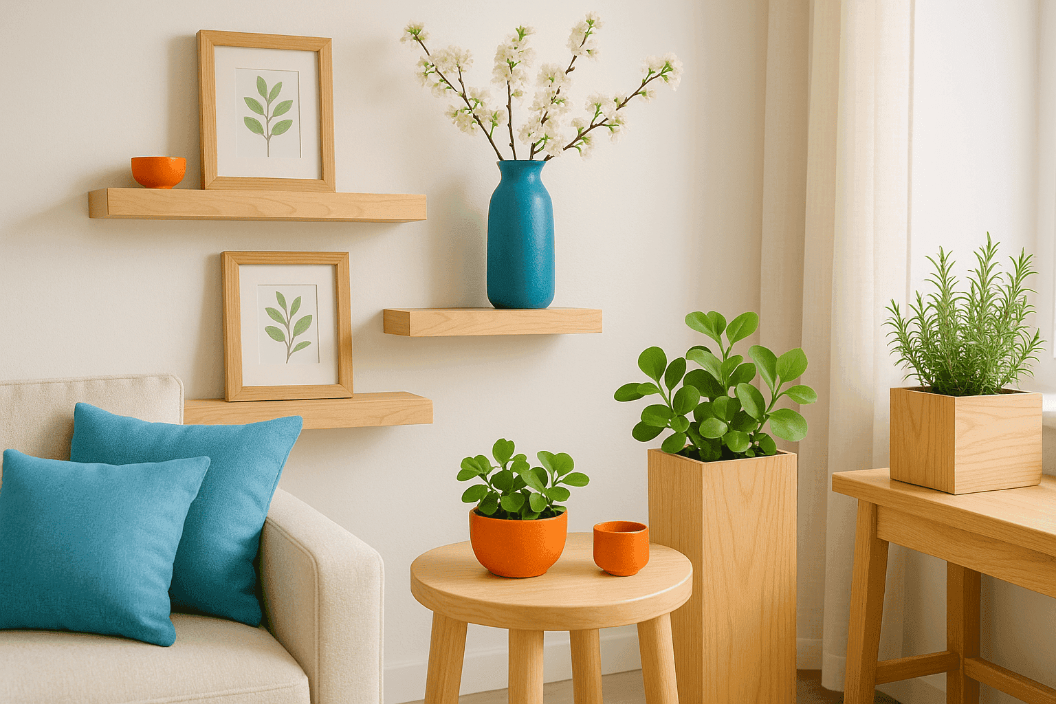 Styled living space with light wood accents and spring greenery