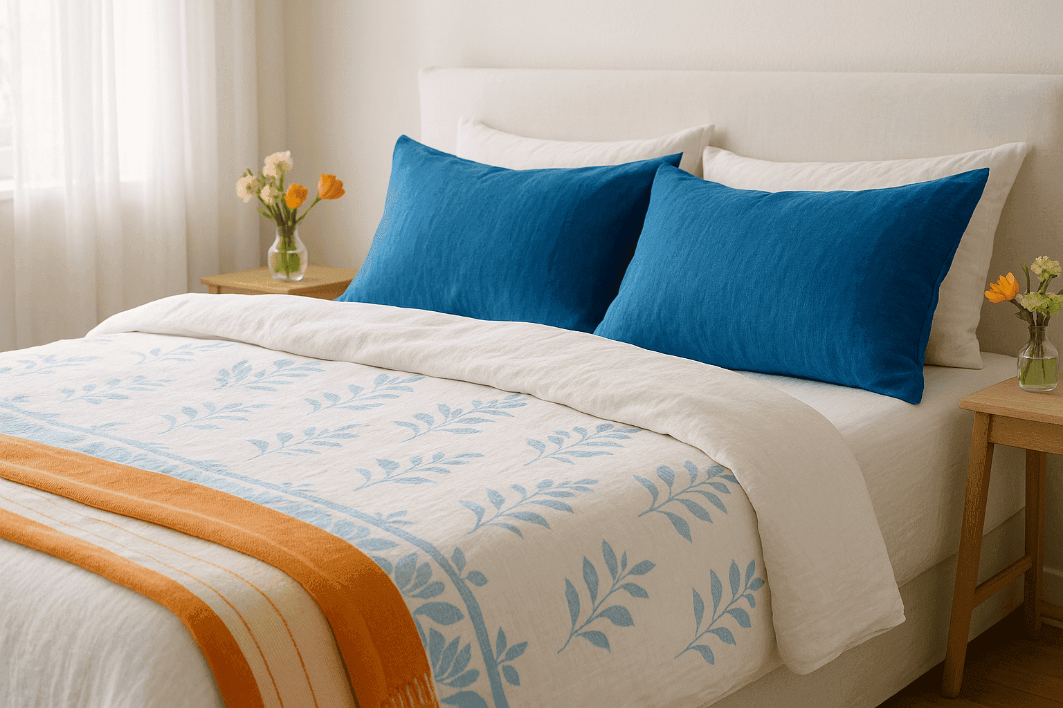 Beautifully styled bed with light linen bedding and spring accents