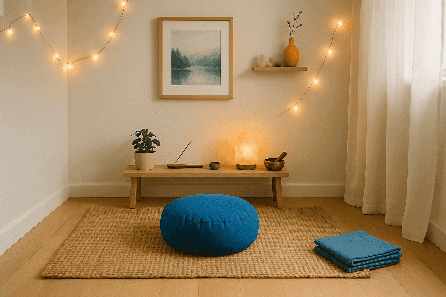 Serene meditation corner with cushions, plants, and soft lighting