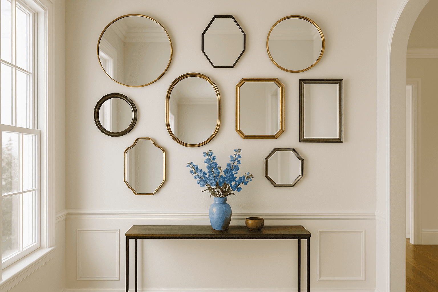 Elegant entryway with a curated arrangement of mirrors in various shapes and sizes reflecting light