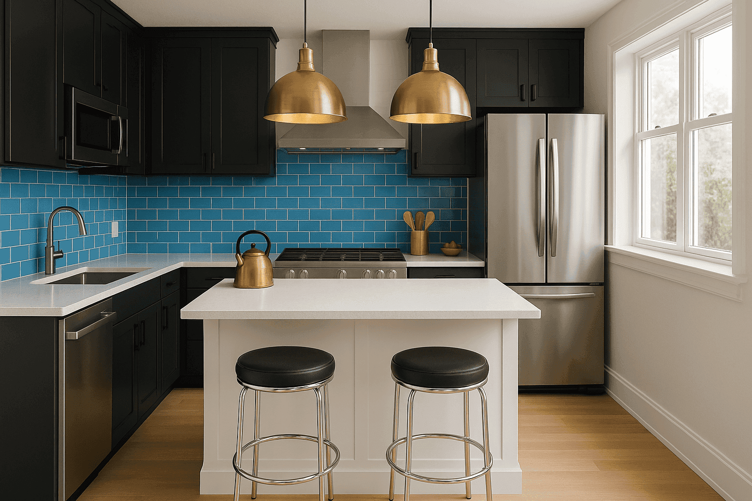 Elegant kitchen with artfully mixed brass, matte black, and chrome metal finishes