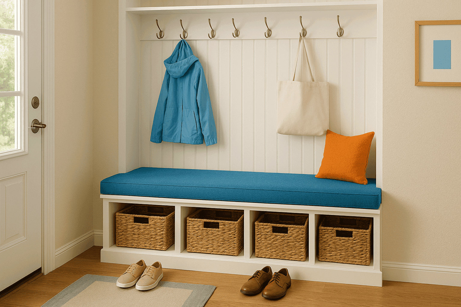 Stylish entryway featuring a built-in mudroom bench with storage cubbies and hooks