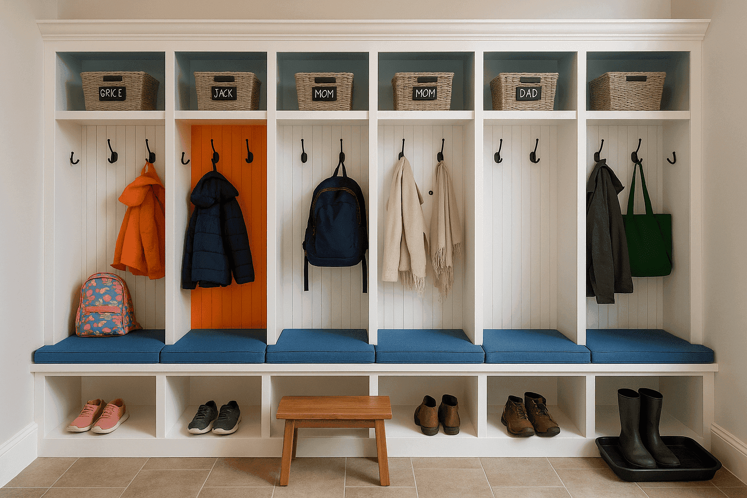 Custom-built mudroom lockers with bench and storage for a family of four