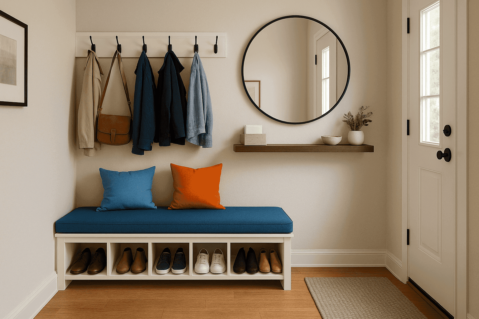 Beautifully organized entryway with bench, hooks, and storage solutions