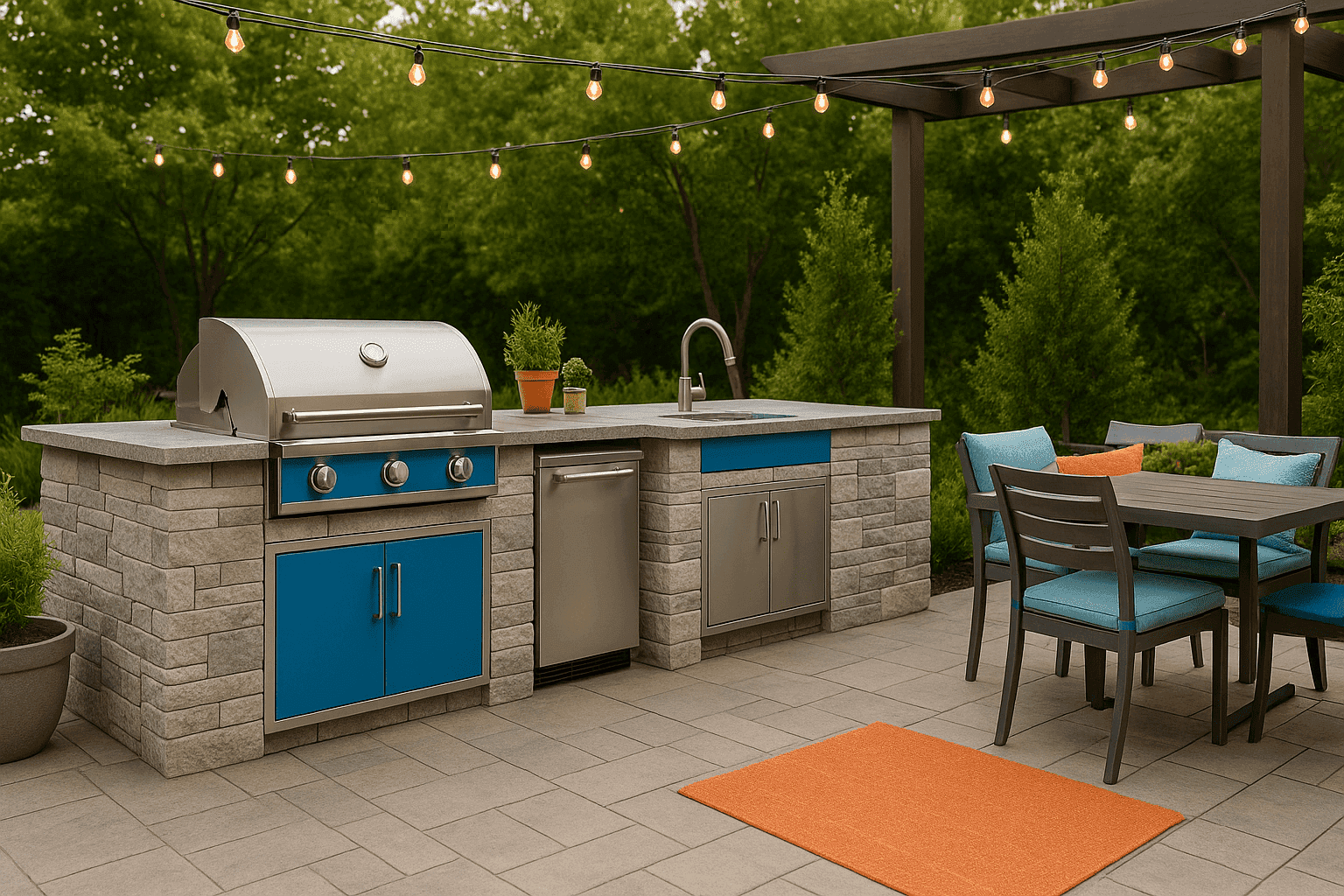 Outdoor kitchen with grill, counter space, and seating area