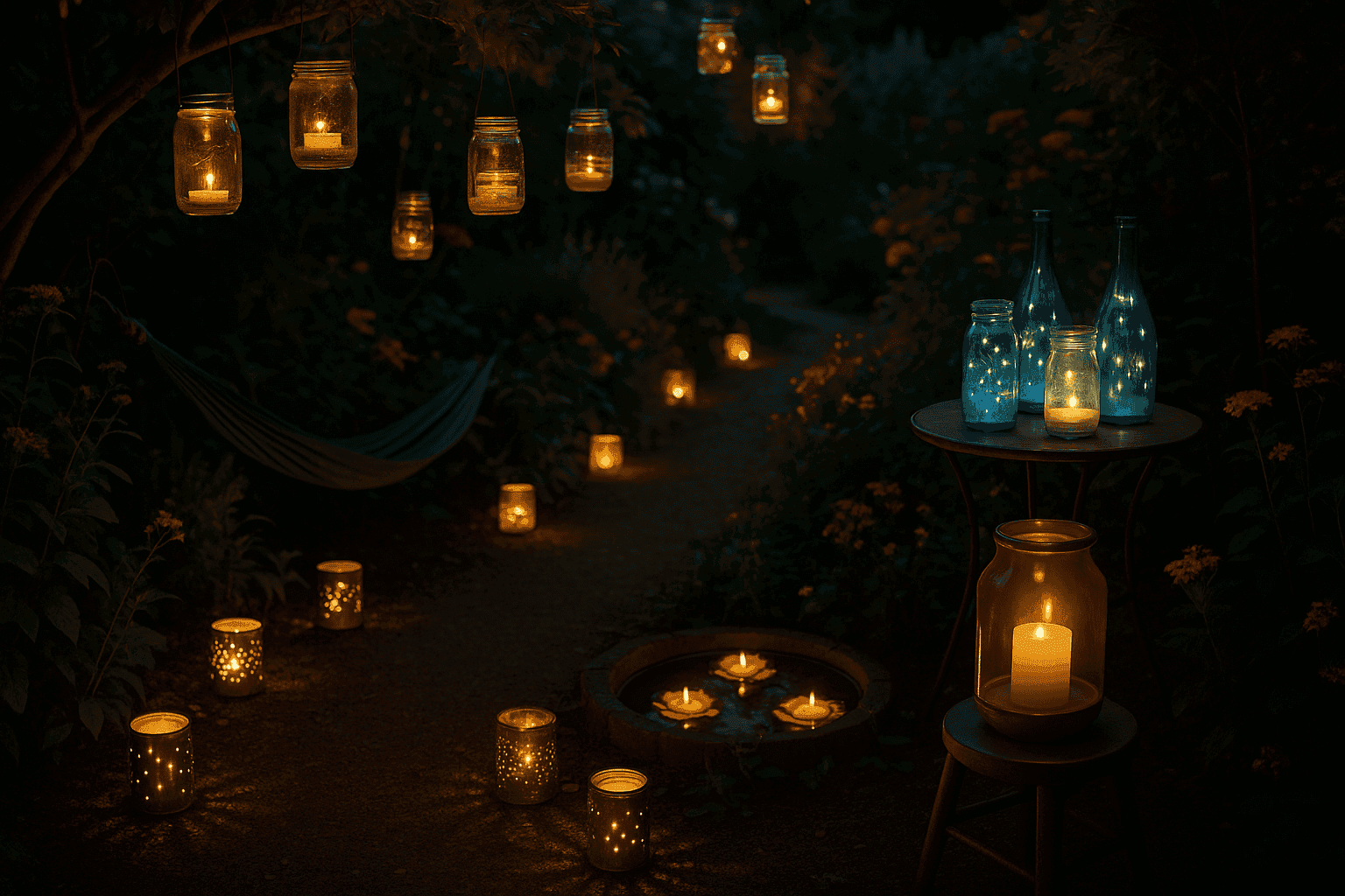 Garden pathway illuminated with DIY mason jar and tin can lanterns