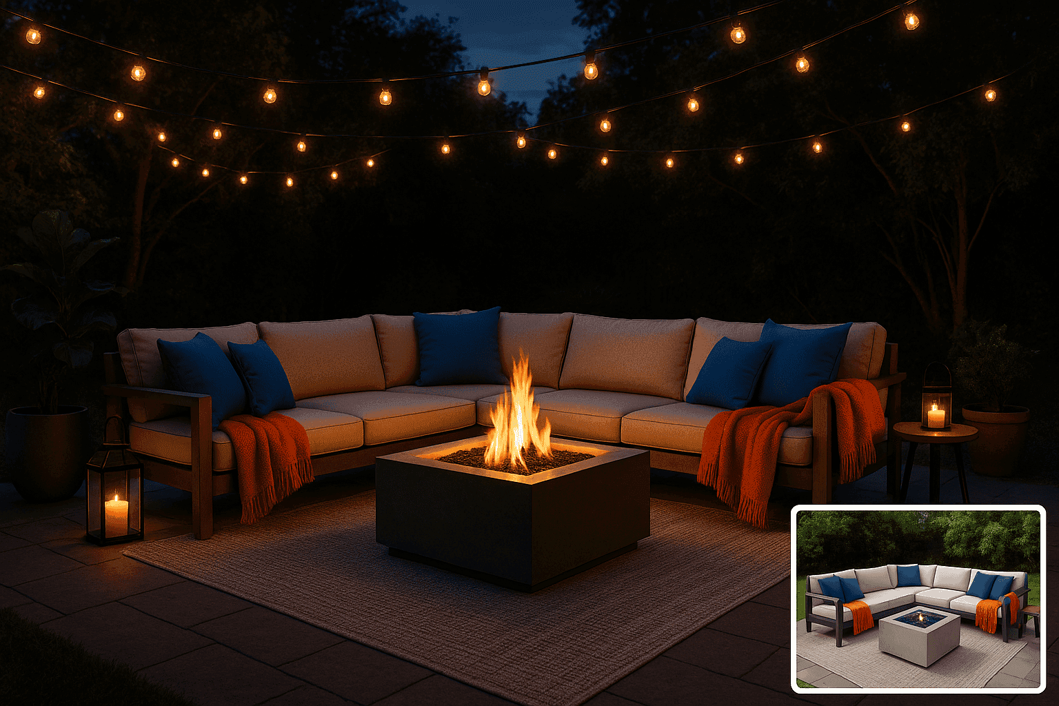 Cozy outdoor lounge area with sectional seating, fire pit, and soft lighting