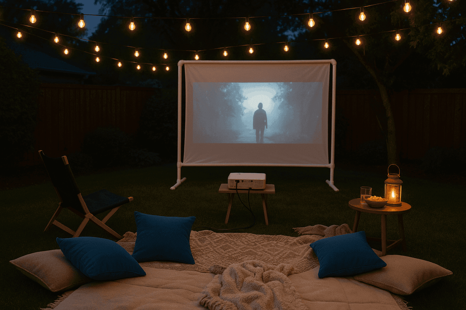 Backyard movie night setup with DIY screen and cozy seating area