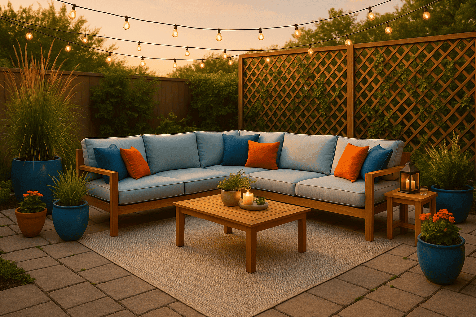 Beautifully styled patio with comfortable seating, outdoor rug, planters, and string lights