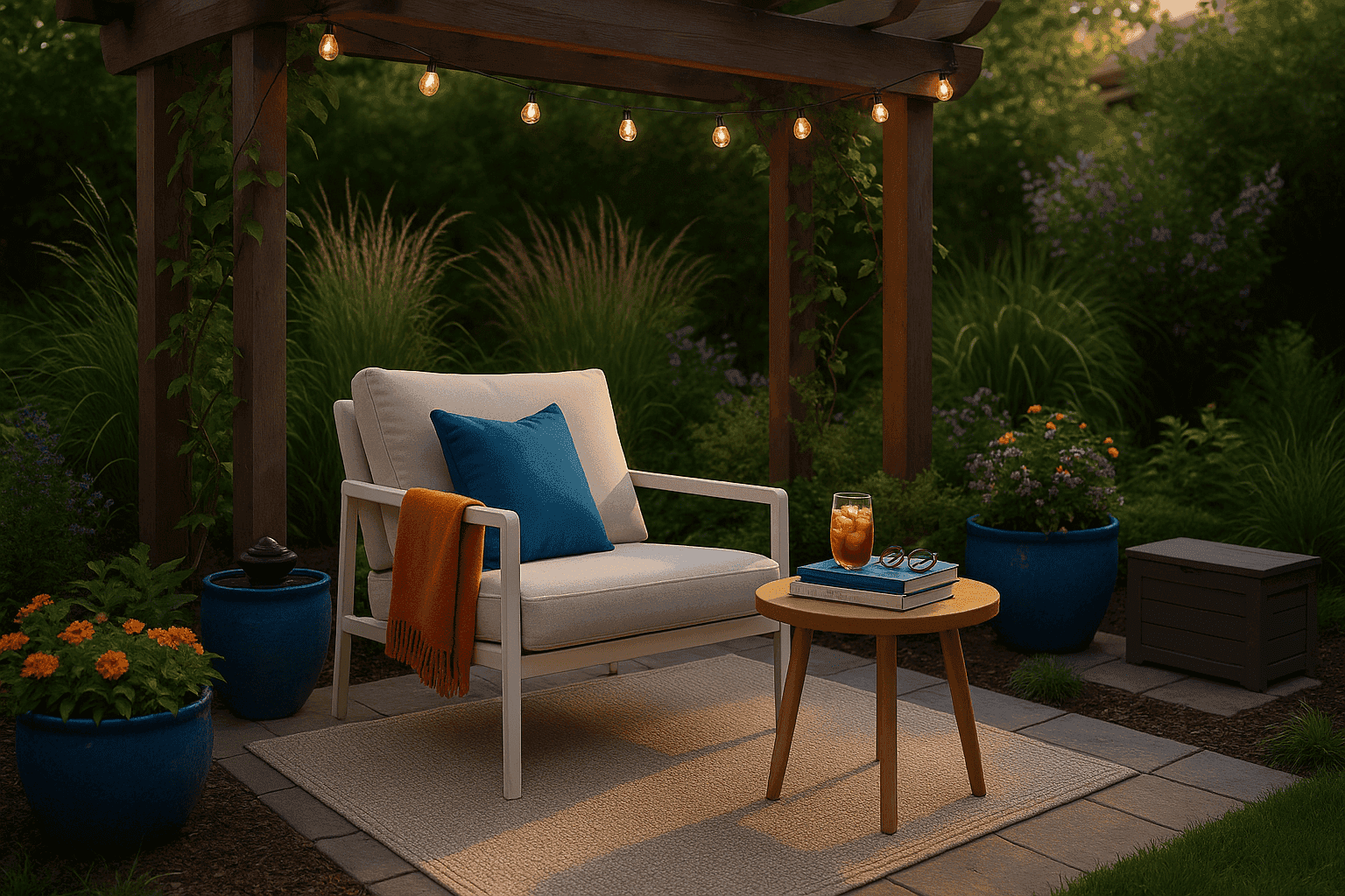 Comfortable outdoor reading nook with chair and plants