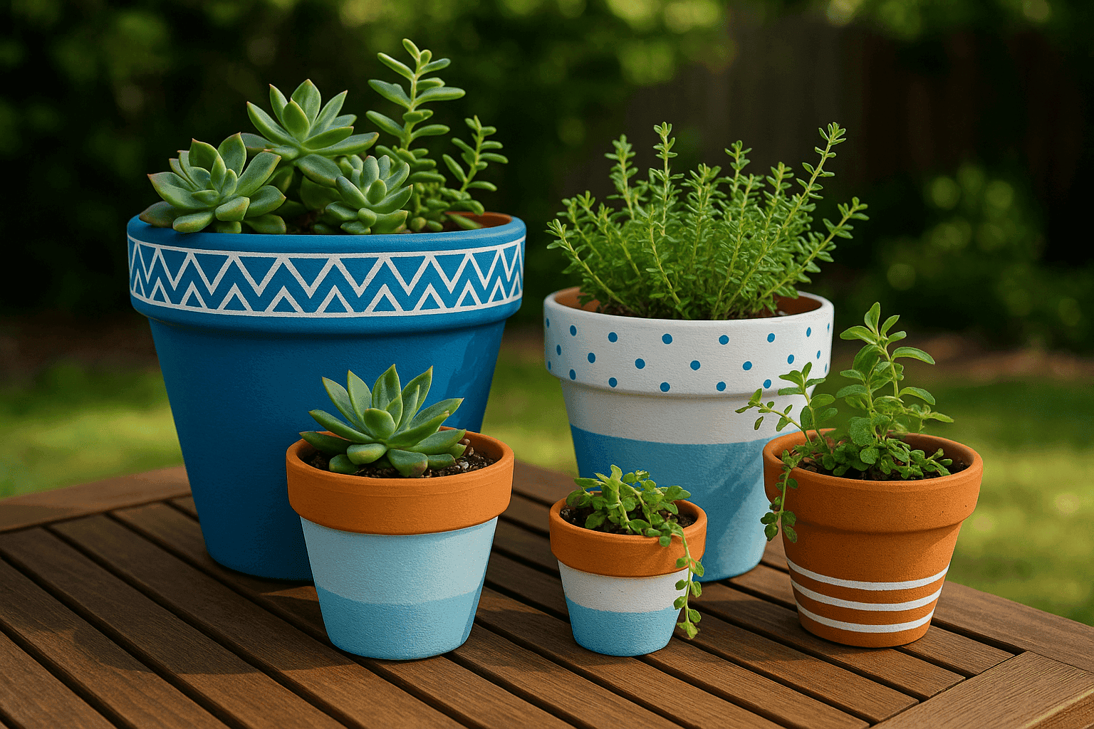 Colorful painted terracotta pots with plants