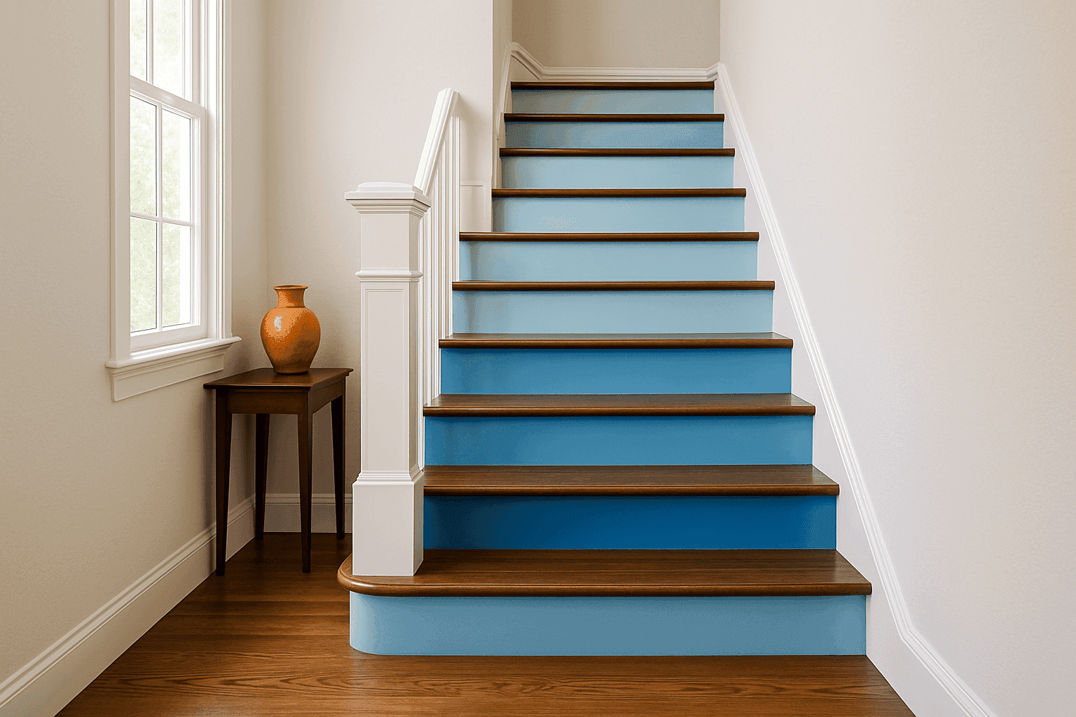 Beautifully painted staircase with colorful risers and refinished treads