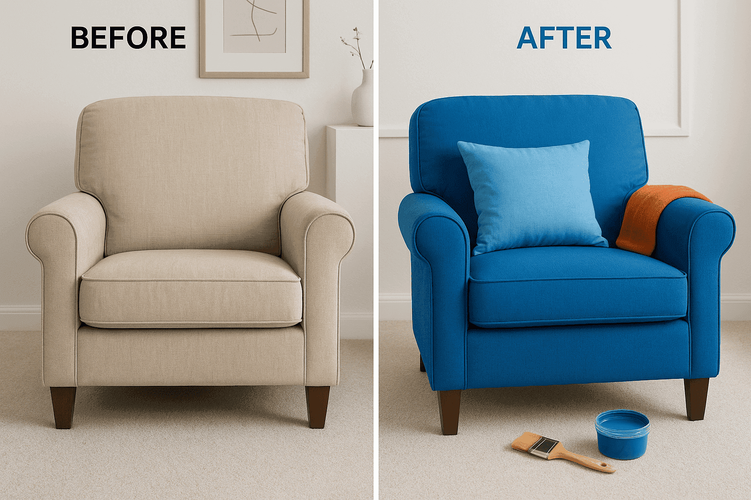 Before and after of an armchair transformed with painted upholstery in a rich blue color