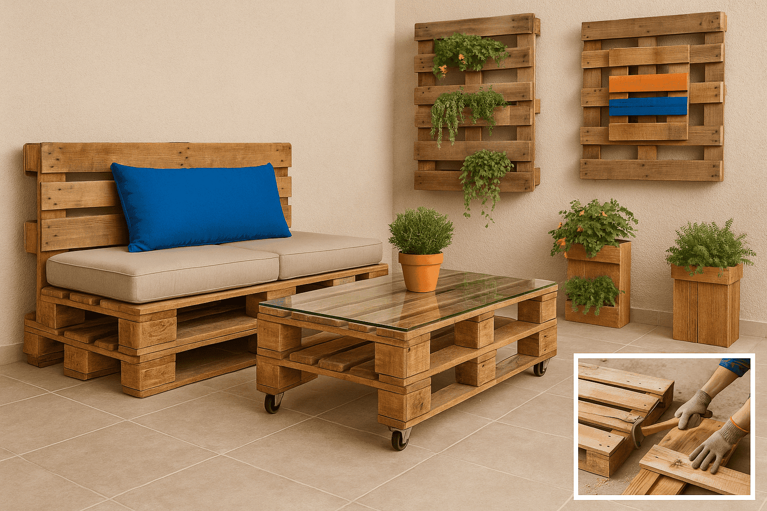Outdoor patio featuring pallet furniture, planter, and wall art