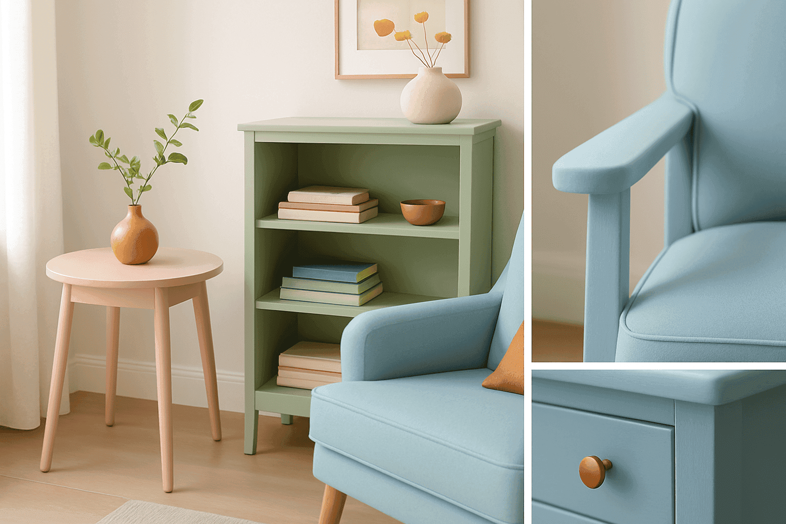 Beautifully refinished pastel furniture pieces in a bright, styled room