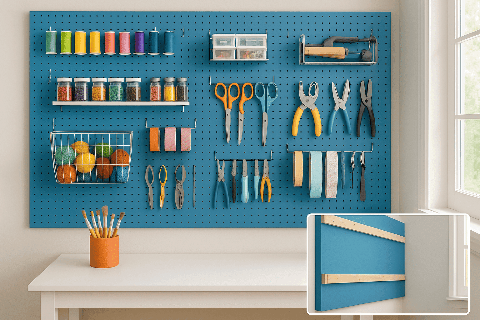 Colorful pegboard wall in craft room with organized tools and supplies