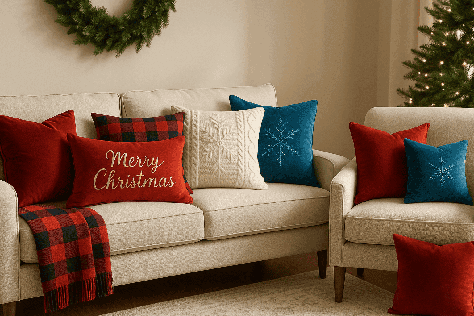 Cozy living room arrangement with festive holiday pillow covers in seasonal colors and patterns