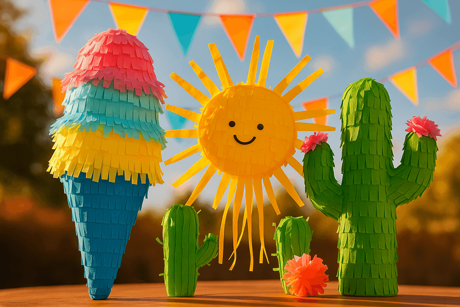 Colorful DIY summer piñatas including ice cream cone, sun, and cactus shapes made with papier-mâché and tissue paper